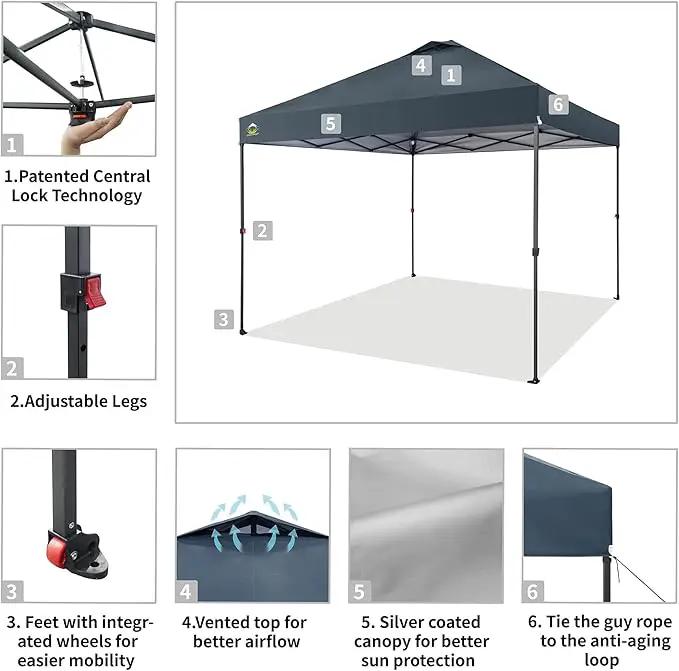 CROWN SHADES 10x10 Pop Up Canopy Tent - Patented Center Lock One Push Instant Outdoor Canopy Beach Tent with STO-N-Go Bag 8 Stakes & 4 Sand Bags，Grid Grey by GreenHaven Gardens