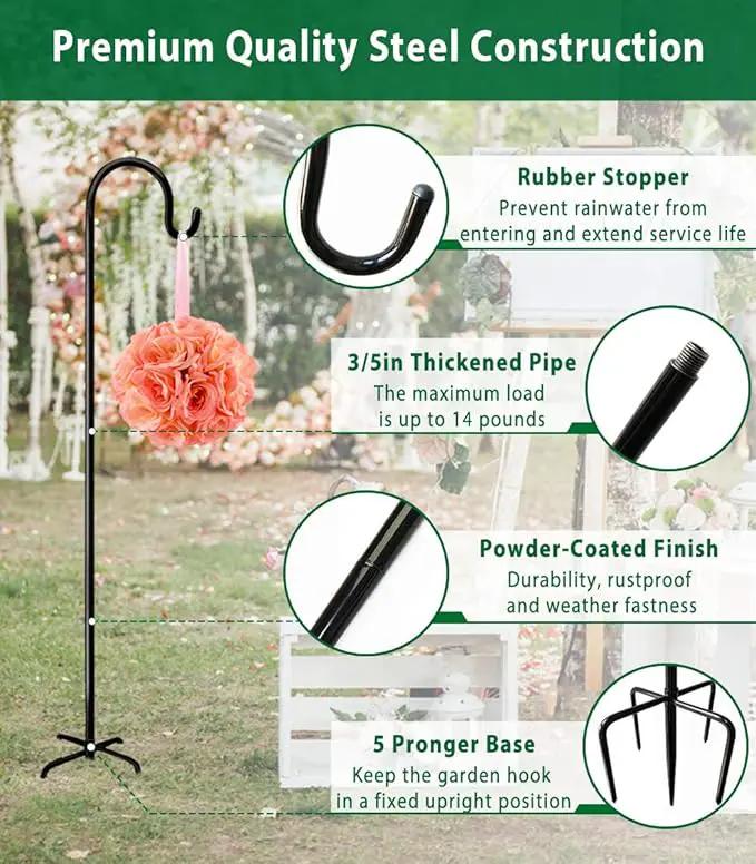 Artibear Adjustable Outdoor Shepherd Hook Stand with 5 Prong Base, 60 Inches Tall 3/5 in Thick, Shiny Black (1 Packs) by GreenHaven Gardens