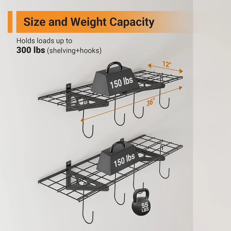 1x3 ft Garage Shelving with 8 Bike Hooks, 2-Pack Wall-Mounted Shelves for Garage, Kitchen, Pantry Storage, 300 lbs Total Load Capacity Garage Wall Shelving, Black by GreenHaven Gardens
