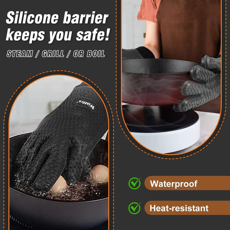 Walfos BBQ Gloves - 500°F Heat Resistant Grilling Gloves Set with Meat shredding Claws & Silicone Brush, Non-Slip Kitchen Silicone Oven Mitt, for Barbecue, Cooking, Baking, Cutting, Black by GreenHaven Gardens