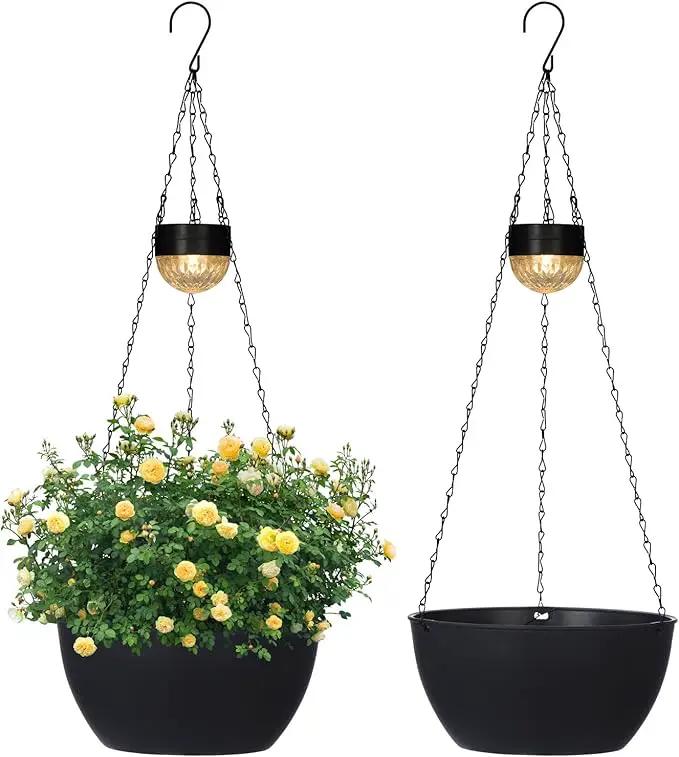 2 Packs Hanging Planters Basket for Outdoor Plants, Solar Powered Self Watering Black Round Plastic Flower Pots with Drainer for Balcony Patio Garden Outdoor Decoration by GreenHaven Gardens