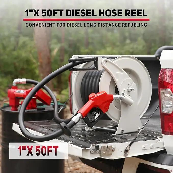 Diesel Fuel Hose Reel Retractable 1" x 50' with Fueling Nozzle Diesel Hose Reel 300 PSI Industrial Auto Swivel Heavy Duty Steel Construction for Farm Ship Vehicle Tank by GreenHaven Gardens