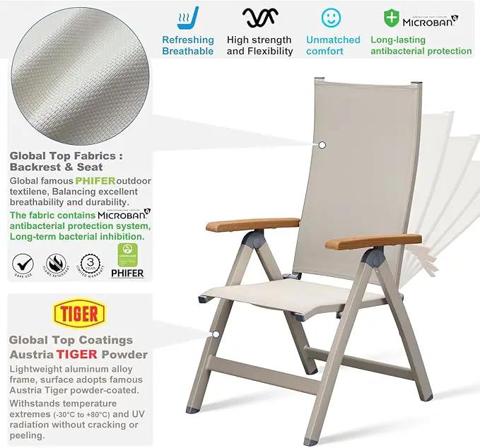 Adjustable Folding Chair, Indoor & Outdoor Balcony, Patio Porch, Garden Lawn, Pool, for Comfortable Foldable Chairs, Portable Cozy Recliner, Metal Frame with Teak armrest, Durable by GreenHaven Gardens
