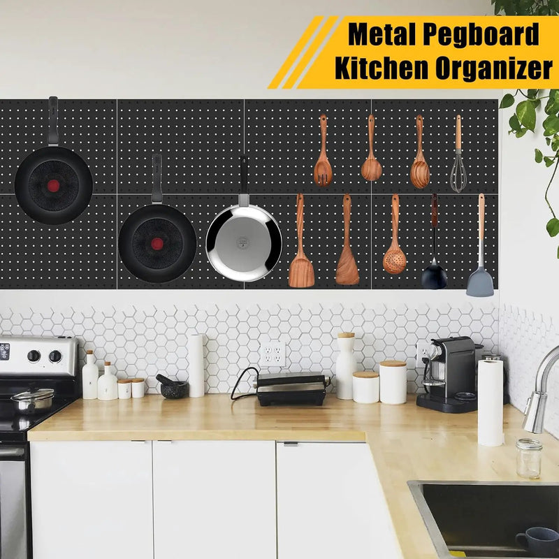 8 Pcs Metal Pegboard Panels, Heavy Duty Peg Boards for Garage and Garden Tool Storage, Includes Drywall Anchors and Screws Kits, Black (8 pcs 16in x 12in) by GreenHaven Gardens