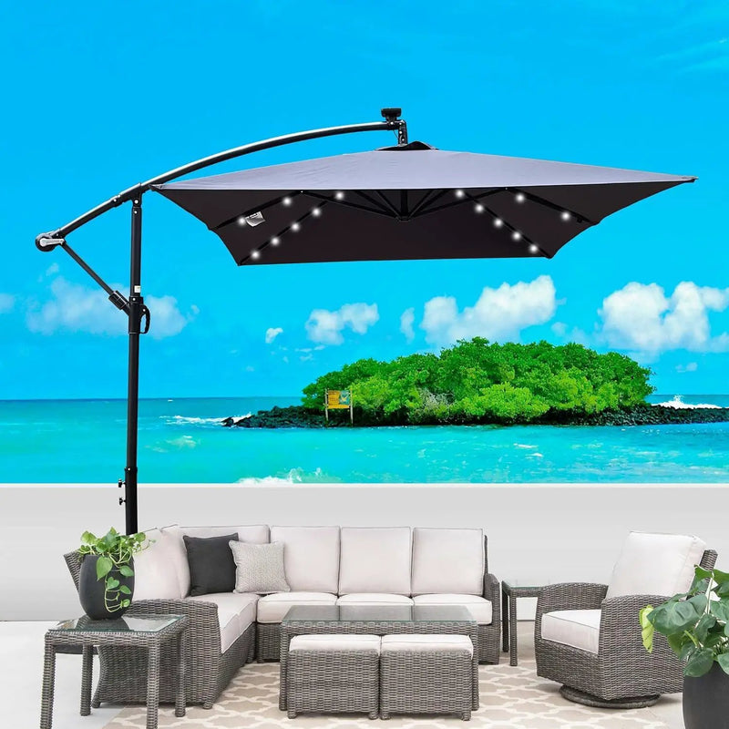 10x6.5FT Patio Umbrella, Outdoor Offset Umbrella with Cross Base and Crank, Rectangular Cantilever Umbrella with Solar Lights, Hanging Market Umbrella with 6 Rids for Pool, Deck, Backyard (Anthracite) by GreenHaven Gardens