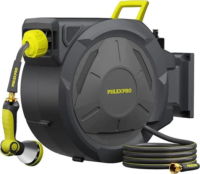 Retractable Garden Hose Reel 105FT, 1/2 inch Wall Mounted Hose Reel with Full Brass Fittings, 10 Patterns Spray Nozzle, Any Length Lock, 180° Automatic Rewind by GreenHaven Gardens