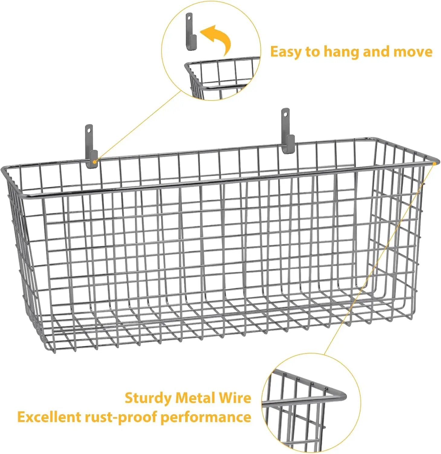 2 Sets Extra Large Hanging Wall Basket, Grey Metal Wire Baskets with Steel Hooks for Organizing, WallmountedFruit Vegetable Toy Snack Storage, Home Kitchen Bathroom Laundry Pantry Organizer by GreenHaven Gardens
