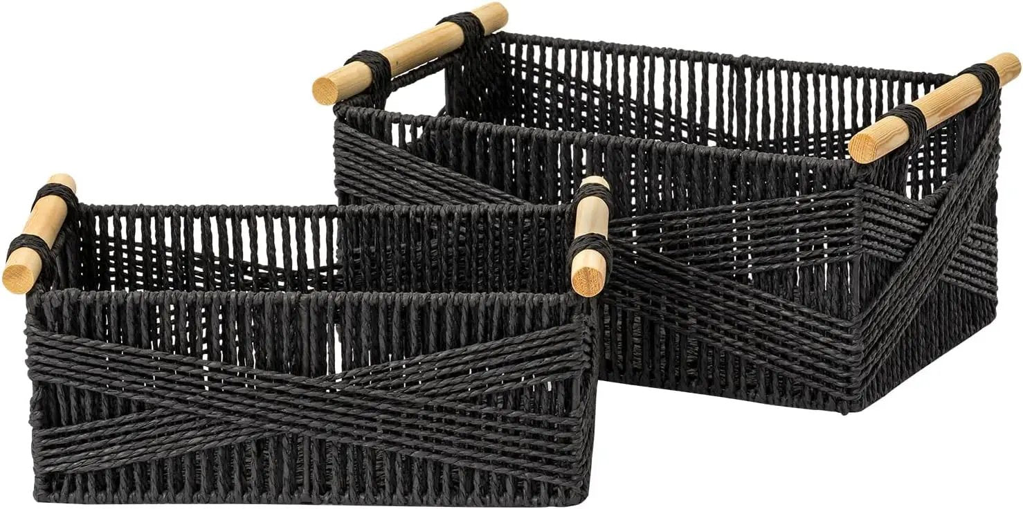 LA JOLIE MUSE Wicker Storage Baskets for Organizing, Recyclable Paper Rope Basket with Wood Handles, Decorative Hand Woven Basket Organizers for Makeup Books Shelves Living Room, Black, Set of 2 by GreenHaven Gardens