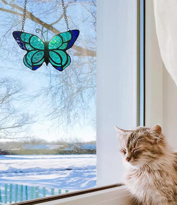 Blue Butterfly Suncatcher Stained Glass Window Hanging Panel Christmas Decor,Glass Butterfly Gift for Mom, Women 5.9×5.3Inch by GreenHaven Gardens