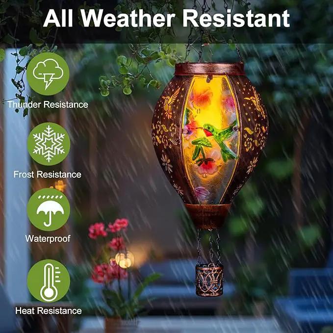 Hummingbird Hot Air Balloon Solar Lantern, Metal & Glass Flickering Flame Light Solar Lantern, Hanging Waterproof Solar Lanterns Outdoor for Garden Patio Tree Decoration by GreenHaven Gardens