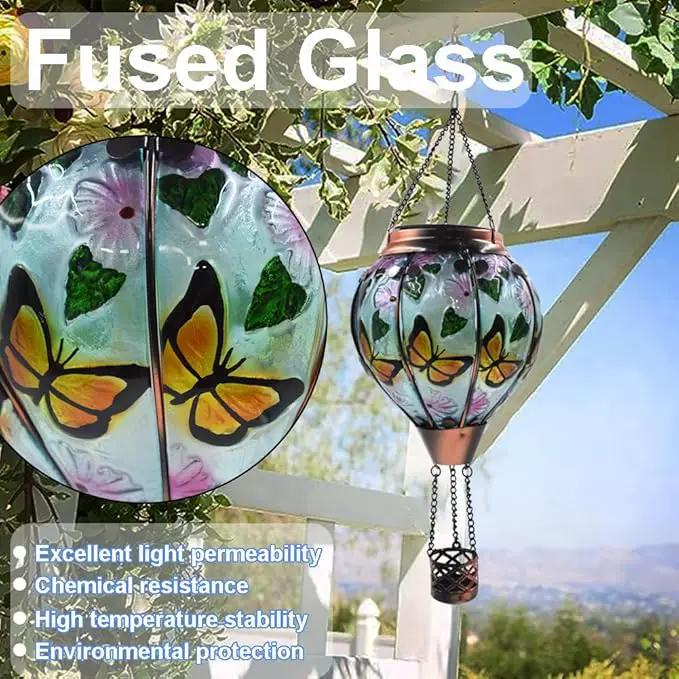 Hot Air Balloon Solar Lantern with Flickering Flame, Glass Hanging Garden Lights Outdoor Waterproof for Tree Yard Patio Mother's Day Gift, 18" H Butterfly by GreenHaven Gardens