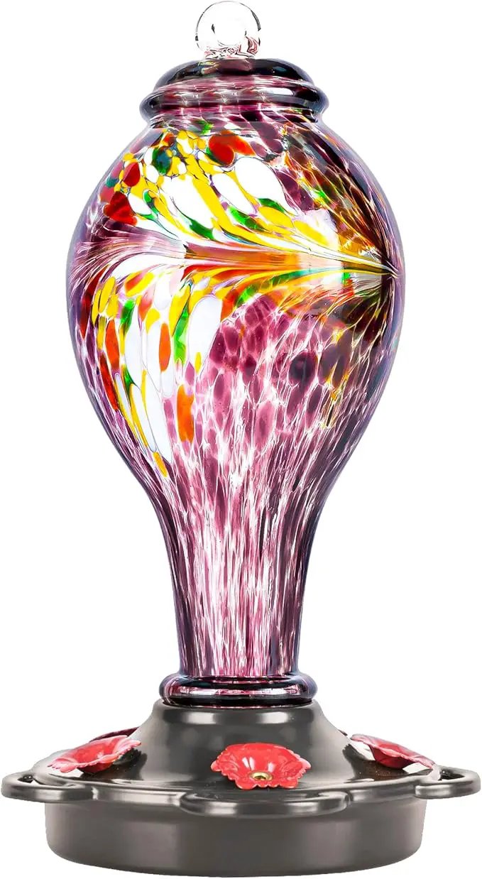 LUJII Hand Blown Glass Hummingbird Feeder for Outdoors Hanging with Ant Guard, 25 fl.oz, Leak Proof & Rustproof, Metal Base with 5 Feeding Ports & 5 Perches, Unique Garden & Backyard Decor (Purple) by GreenHaven Gardens