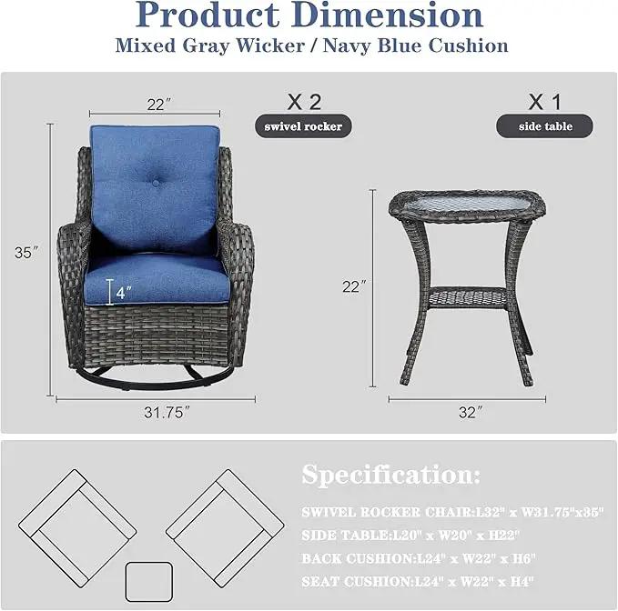 Patio Swivel Rocking Chairs - Outdoor Wicker Glider Swivel Rcoker, 3 Pieces Patio Wicker Furniture Sets for Porch Includes 2 Swivel Rocking Chair and 1 Side Table by GreenHaven Gardens