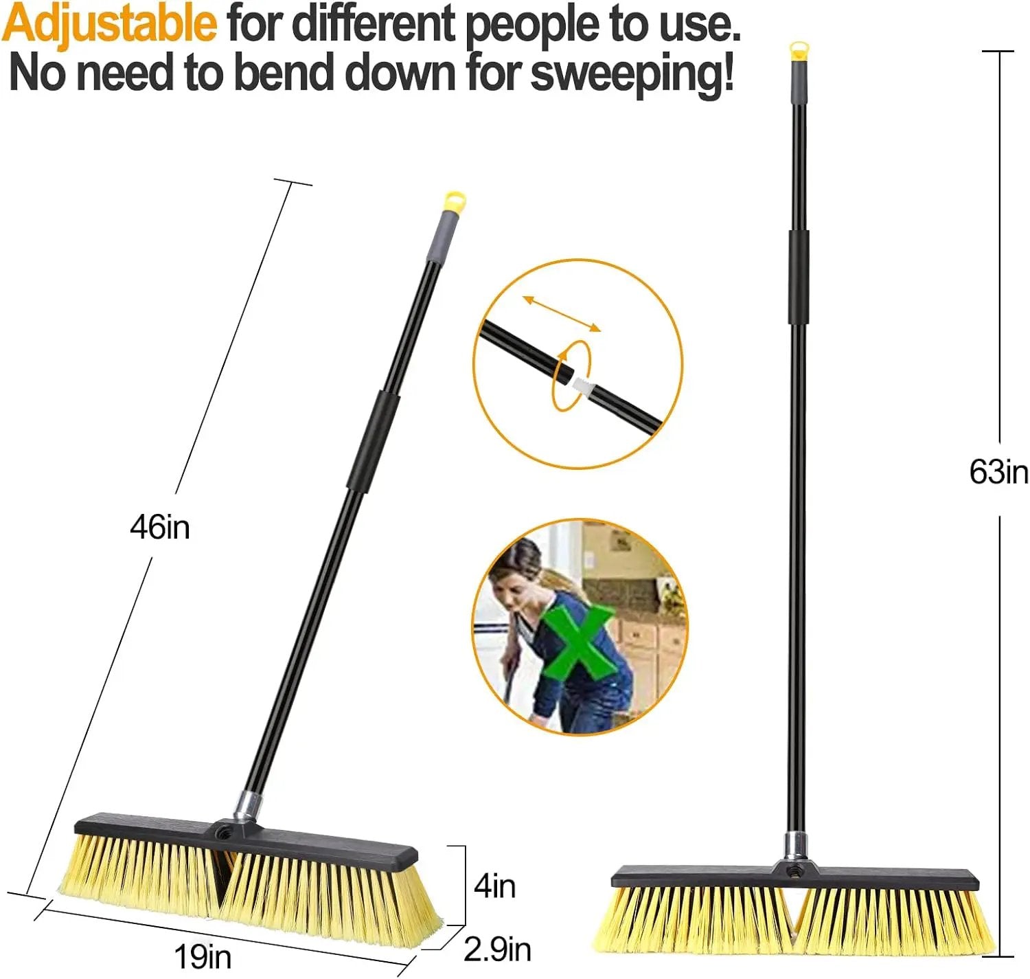 18 Inches Push Broom Outdoor- Heavy Duty Broom with 63" Long Handle for Deck Driveway Garage Yard Patio Concrete Floor Cleaning by GreenHaven Gardens