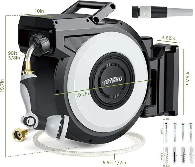 Tuyeho Retractable Garden Hose Reel 5/8" x 90 ft, Wall Mount Water Hose Reels with Automatic Slow Rewind System, Outdoor Hoses Reel with 2 Hose Nozzles for Garden Watering, Car Wash, Pet Shower by GreenHaven Gardens