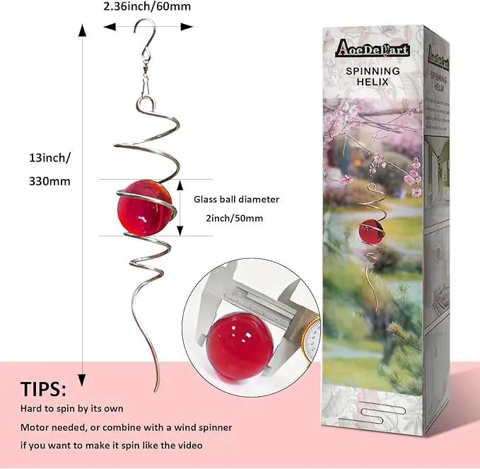 Gazing Ball Spiral Decorative Wind Spinner Sun Catcher 11inch Tail and 2 inch Glass Orb. Indoor Outdoor Garden Decoration Wind Sculptures Wind Spinner Tail-13 inch Height (red) by GreenHaven Gardens
