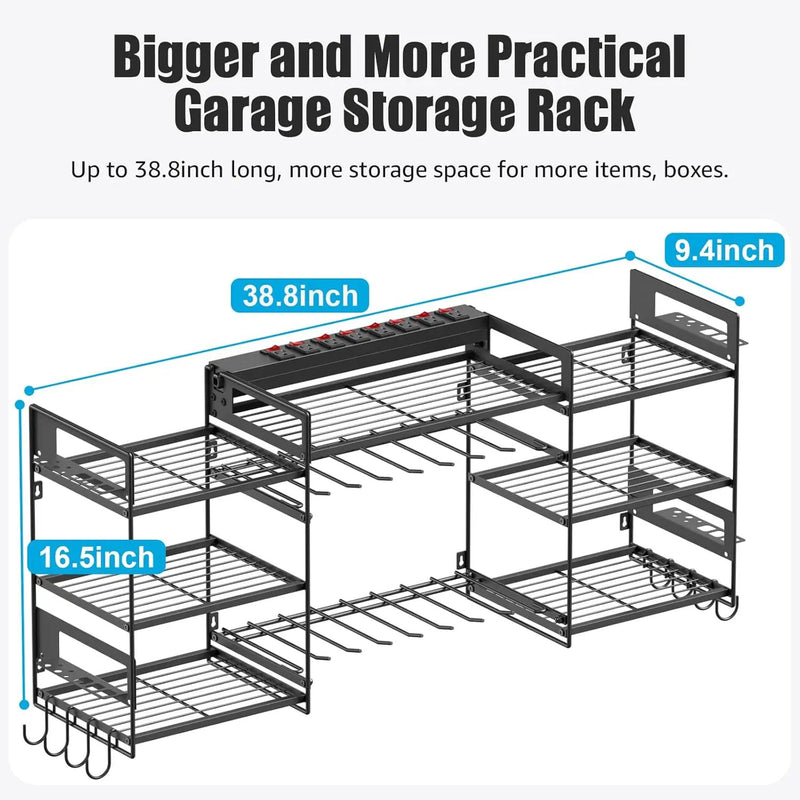 CCCEI Black Power Tool Organizer Wall Mount, Large Tools and Battery Storage Rack Charging Station Individual Switches. Drills Holder, Garage Utility Shelves with 10FT Power Strip. Gift for Men. by GreenHaven Gardens