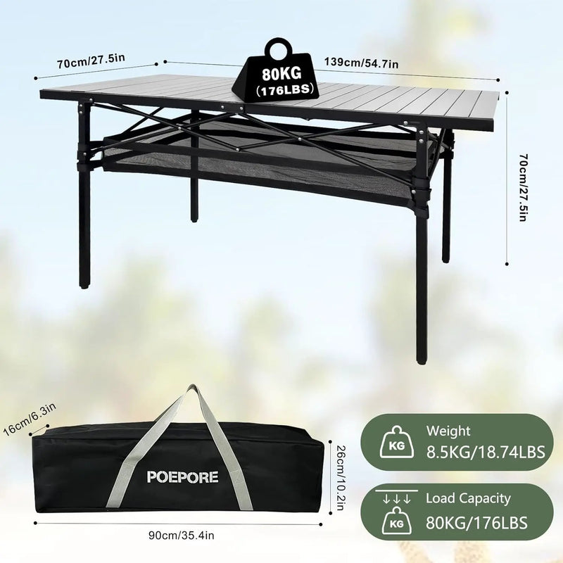 Large Folding Camping Table Aluminum with Storage for 4-6 People 55"X27.5" Roll Up Tall Outdoor Portable Table Lightweight with Carry Bag for Picnic BBQ Backyard Beach by GreenHaven Gardens