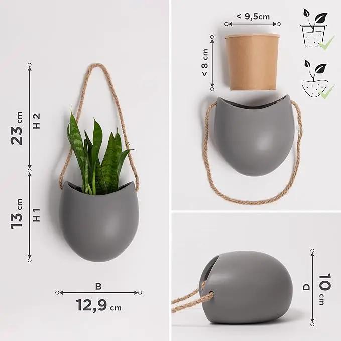 Wall Planters -Ellie- | Hanging Ceramic Plant Pots 3 Pieces | Wall Decoration for Indoors, Balcony and Garden | Grey (Matte) by GreenHaven Gardens
