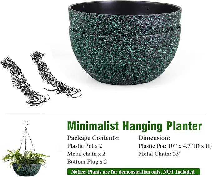 10inch Hanging Planters for Outdoor Indoor Plants with Drainage Holes and Chain, 2 Pack Round Hanging Flower Pots for Garden Home Porch Decor, Black with Green Speckles by GreenHaven Gardens