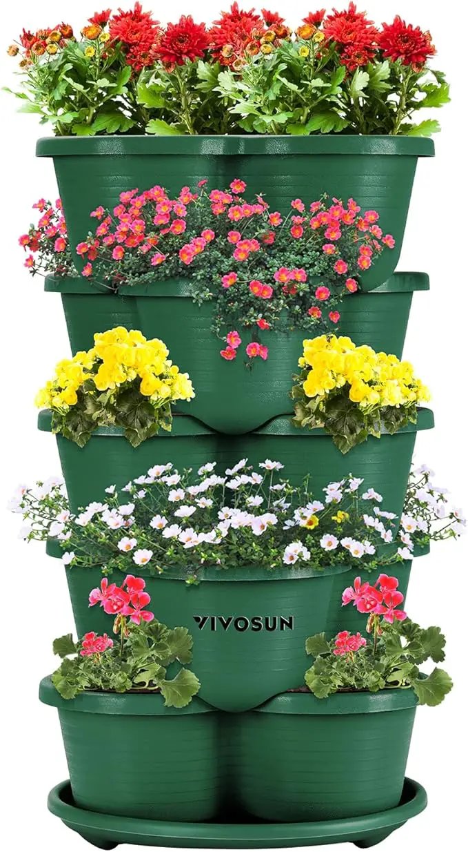 VIVOSUN 5 Tier Vertical Gardening Stackable Planter for Strawberries, Flowers, Herbs, Vegetables, Dark Green by GreenHaven Gardens