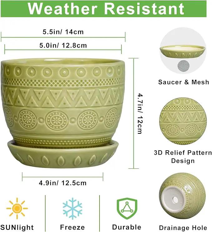 G EPGardening Indoor Plant Pot 5.5 Inch - Ceramic Planter with Drainage Hole and Saucer, Round Boho Plant Pot for Indoor Plants, Plant Lover Gifts, Home Garden Office Decor, Green by GreenHaven Gardens