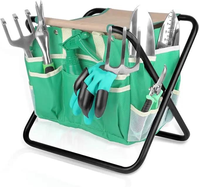 9 PCS All-in-one Garden Tools Set, Heavy Duty Cast-Aluminium Alloy Gardening Tools Kit with Folding Stool Seat&Detachable Canvas Tool Bag , Non-Slip Rubber Grip, Outdoor Hand Tools by GreenHaven Gardens