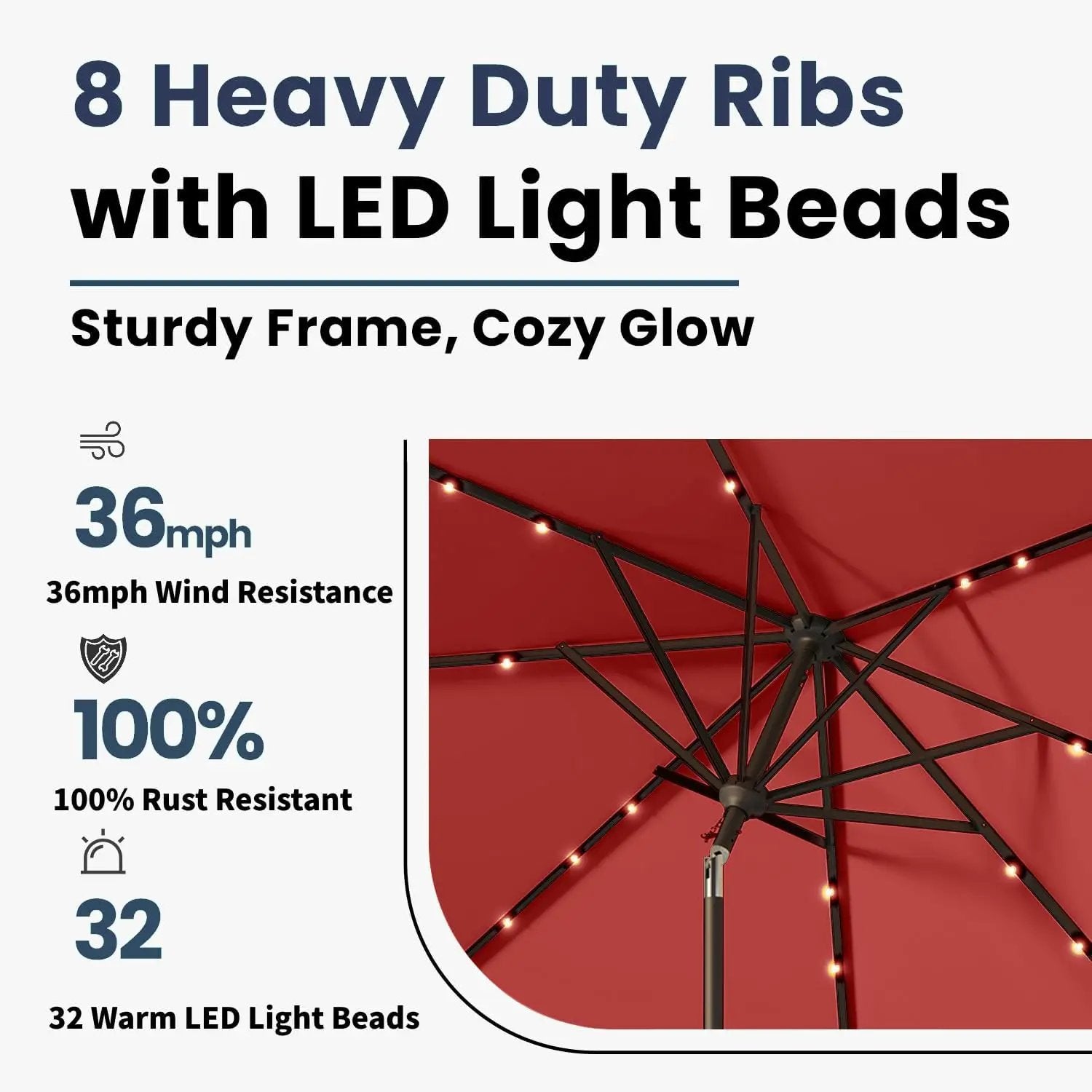 10FT Solar Umbrella 32 LED Lighted Patio Umbrella Table Market Umbrella w/Tilt and Crank, UV-Resistant Outdoor Umbrella for Pool, Garden, Deck, Red by GreenHaven Gardens