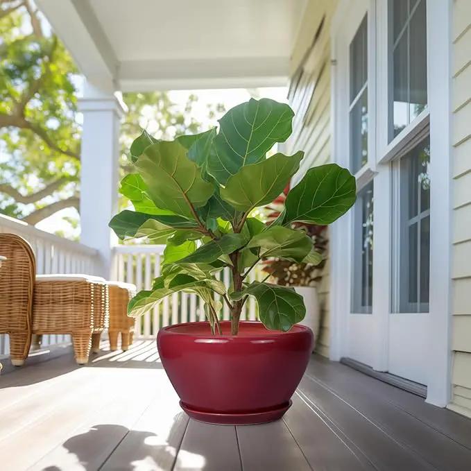 Ceramic Planter - Indoor Plant Pot with Drainage Hole and Saucer 13 Inch Large Pots for Plants Round Modern Outdoor Flower Pot Mid-Century Patio Room Decor Red by GreenHaven Gardens