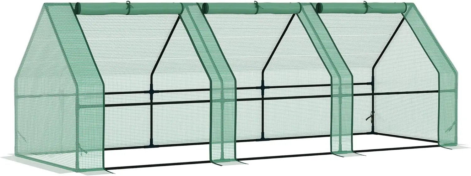 Outsunny 9' x 3' x 3' Mini Greenhouse with Zippered Doors & Roll-up Windows, Portable Plant Hot House with Durable PE Cover, Water Resistant, UV Protected for Outdoor Flowers, Vegetables, Green by GreenHaven Gardens