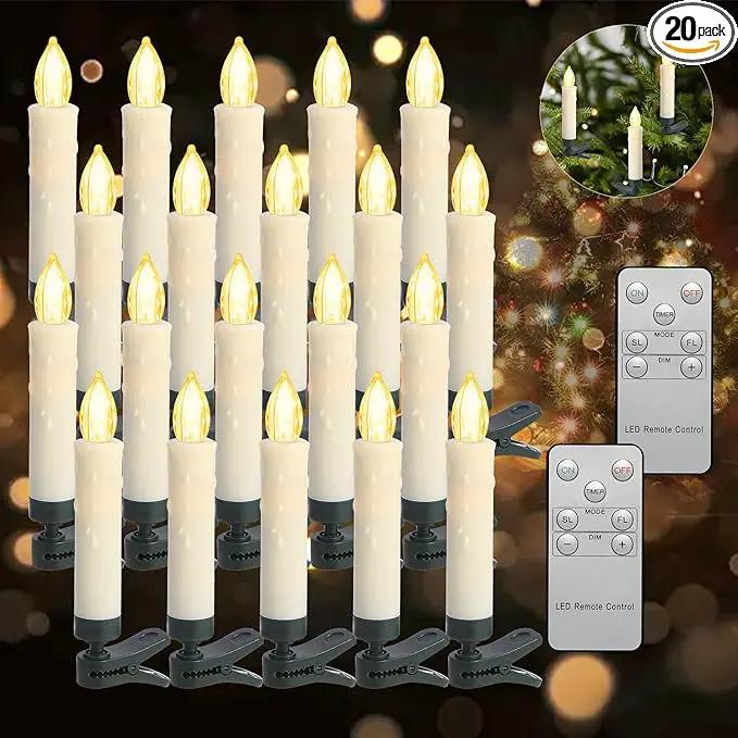 LED Christmas Candles, Flickering Clip on Candles for Christmas Tree, Battery Operated with Remote Timer, Warm White Light, Flameless Taper Candles for Home Christmas Decor, Set of 20 by GreenHaven Gardens