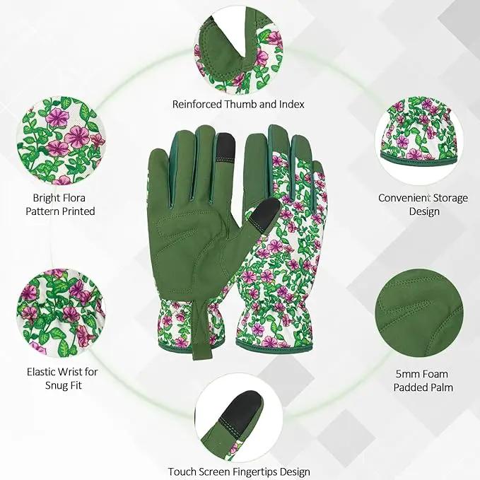 Gardening Gloves for Women, Garden Gloves with Touch Screen, Thorn Proof Puncture Resistant Working Gloves, Gardening Gifts for Women (Green with purple flowers, Medium) by GreenHaven Gardens