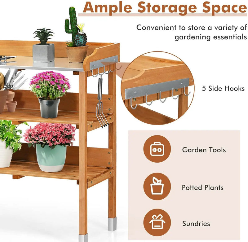 S AFSTAR Potting Bench, Work Station with Fir Wood Construction & Metal Tabletop, Garden Planting Table w/Open Shelves and Hanging Hooks, Gardening Table Potting Table for Outside Backyard Balcony by GreenHaven Gardens