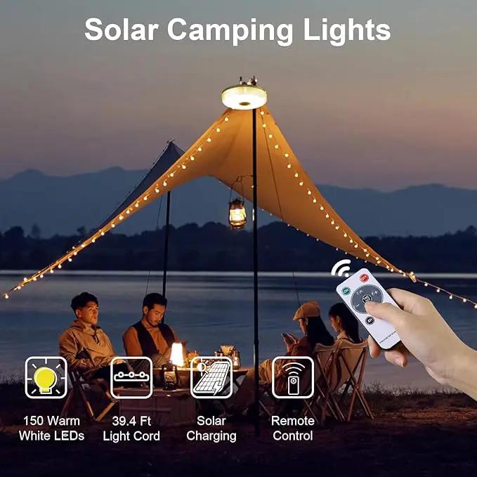 Solar Camping String Lights, 39.4FT Portable Waterproof Camping Light with 8 Lighting Modes, Solar Powered and USB Rechargeable Tent Lantern with Remote Control for Camping, Yard, Garden and Hiking by GreenHaven Gardens