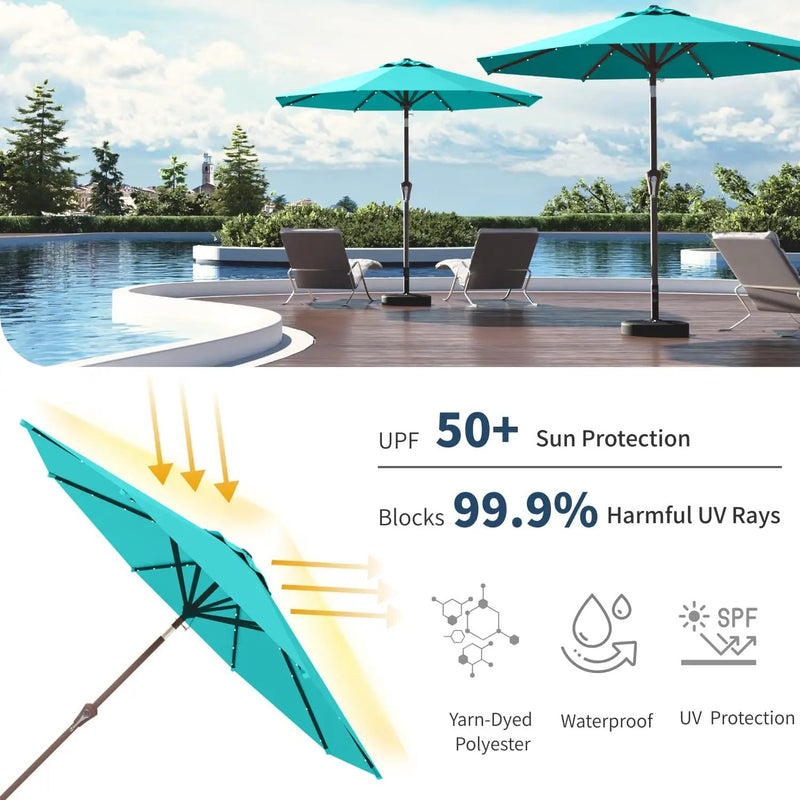 9FT Solar Umbrella 32 LED Lighted Patio Umbrella Table Market Umbrella w/Tilt and Crank, UV-Resistant Outdoor Umbrella for Pool, Garden, Deck, Aqua Blue by GreenHaven Gardens