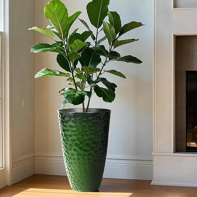Worth Garden 14" Dia x 24" H Large Plastic Planters with Drainage Hole, Set of 2 Hammered Texture Green Glossy Smooth Finish, Tall Round Decorative Flower Plant Pot for Indoor Outdoor, Front Porch by GreenHaven Gardens