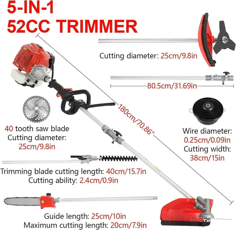5 in 1 Multifunctional Weed Eater, 52CC 2-Cycle Gas Cordless Hedge Trimmer, 2025 Upgraded Weed Eater Gas Powered, String Trimmer, Handheld Chainsaw Brush Cutter for Yard, Garden by GreenHaven Gardens