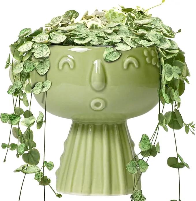 Face Planter Pot - 7 Inch Ceramic Head Planter for Indoor Plants Outdoor, Cute Succulent Flower Pots with Drainage Hole, Room Home Garden Decor, Gardening Gifts, Green by GreenHaven Gardens