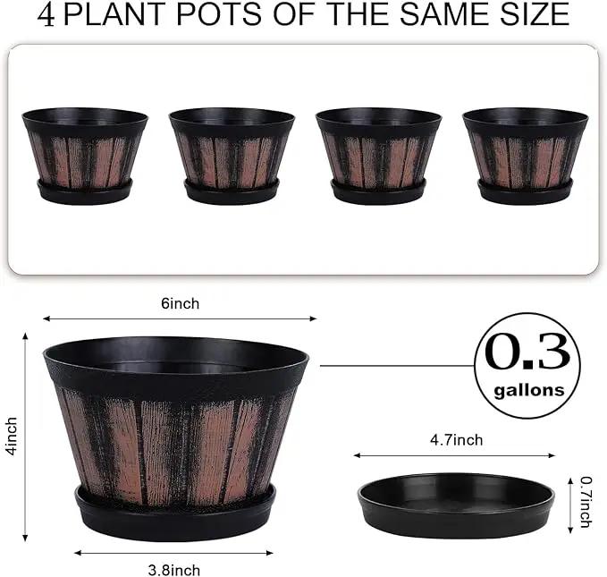Quarut 6 inch Brown Barrel Planters with Drainage Holes & Saucer, Set of 4, Indoor & Outdoor Garden Home Plants by GreenHaven Gardens