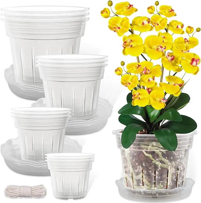 REMIAWY Orchid Pot, 12 Orchid Pots with Holes and 9 Saucers, 3 Each of 4.1, 4.8, 5.7 and 6.4 Inch Clear Flower Planter for Repotting, Plastic Breathable Plant Nursery Planters with Drainage by GreenHaven Gardens