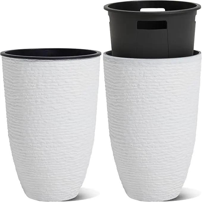WORTH Garden 2-Pack 21" H. White Tall Planters with Inside Pots - 14'' Dia Plastic Large Round Plant Tree Pots - Decorative Imitation Stone Finish for Indoor Outdoor Front Porch Container Patio by GreenHaven Gardens