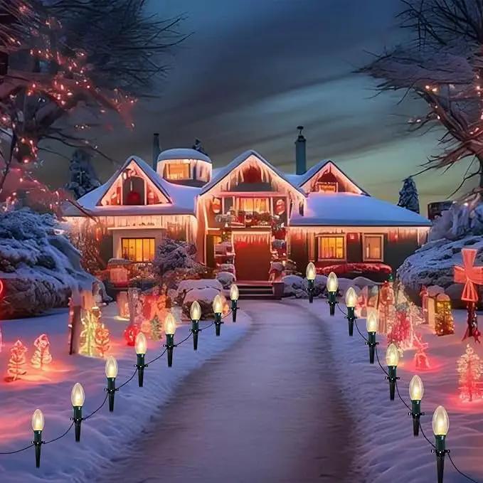 38Ft Christmas Pathway String Lights Outdoor with C9 25 Clear Christmas Pathway Marker Stakes Lights, Extendable C9 Outdoor Walkway Lights for Outside Xmas Party Holiday Backyard Commercial Decor by GreenHaven Gardens