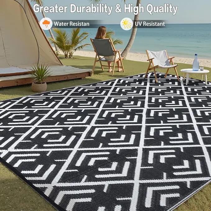Outdoor Rug Mats, Large Waterproof Outdoor Area Rug, Reversible Portable Outdoor Plastic Straw Carpet for RV Deck Camping Front Door Indoor Outside Porch Picnic (5x8ft Geometric Black&White) by GreenHaven Gardens