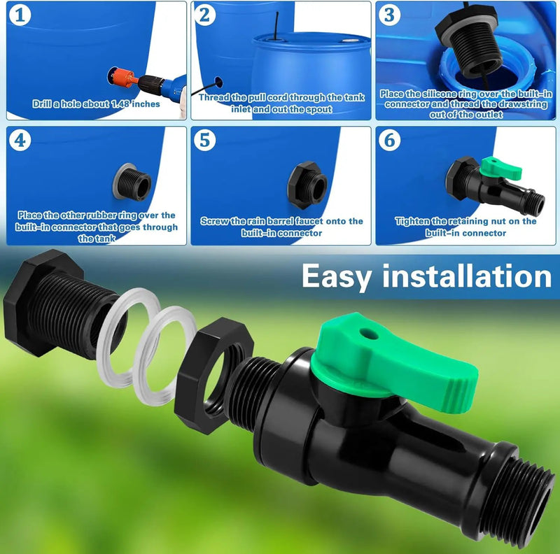 Plastics Rain Barrel Spigot Kit,High Flow Valve Core Water Tank Faucet+PVC Bulkhead Fitting,Straight Head 3/4 NPT to 3/4 GHT Rain Barrel Spigot for Plastic Bucket rainwater Drum Container by GreenHaven Gardens