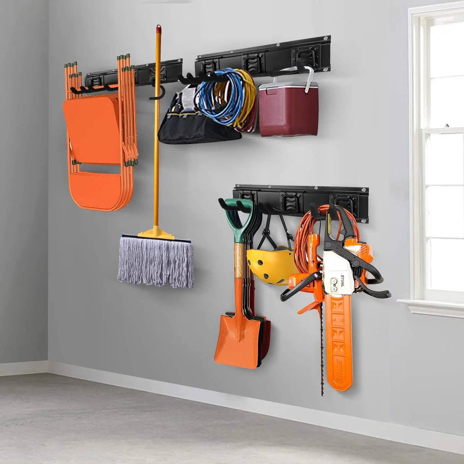 Tool Rack Kits, Garage Wall Organization Hanger with 1 Mop Hook and two 8-inch Multi-Purpose Hooks, Garden Yard Shovels Rakes for String Hedge Trimmer Brooms Hoses Folding Chairs ladders, and More by GreenHaven Gardens