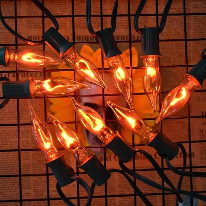 12.8Ft C7 Christmas Lights Flickering Flame String Lights with 12 Pack Clear Flame E12 Light Bulbs(2 Spare), Great for Christmas Decorations Indoor Outdoor Home Patio Party Lights, Green Wire by GreenHaven Gardens