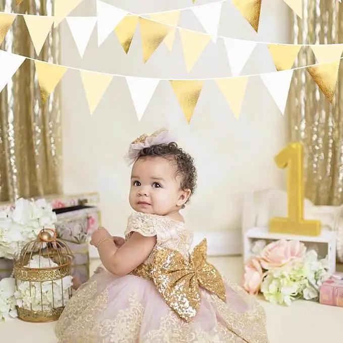 White and Gold Party Decorations Gold Beige White Fabric Triangle Pennant Banner Flag Bunting Garland for Graduation Wedding Birthday Bridal Shower Anniversary Engagement Baptism Party Supplies by GreenHaven Gardens
