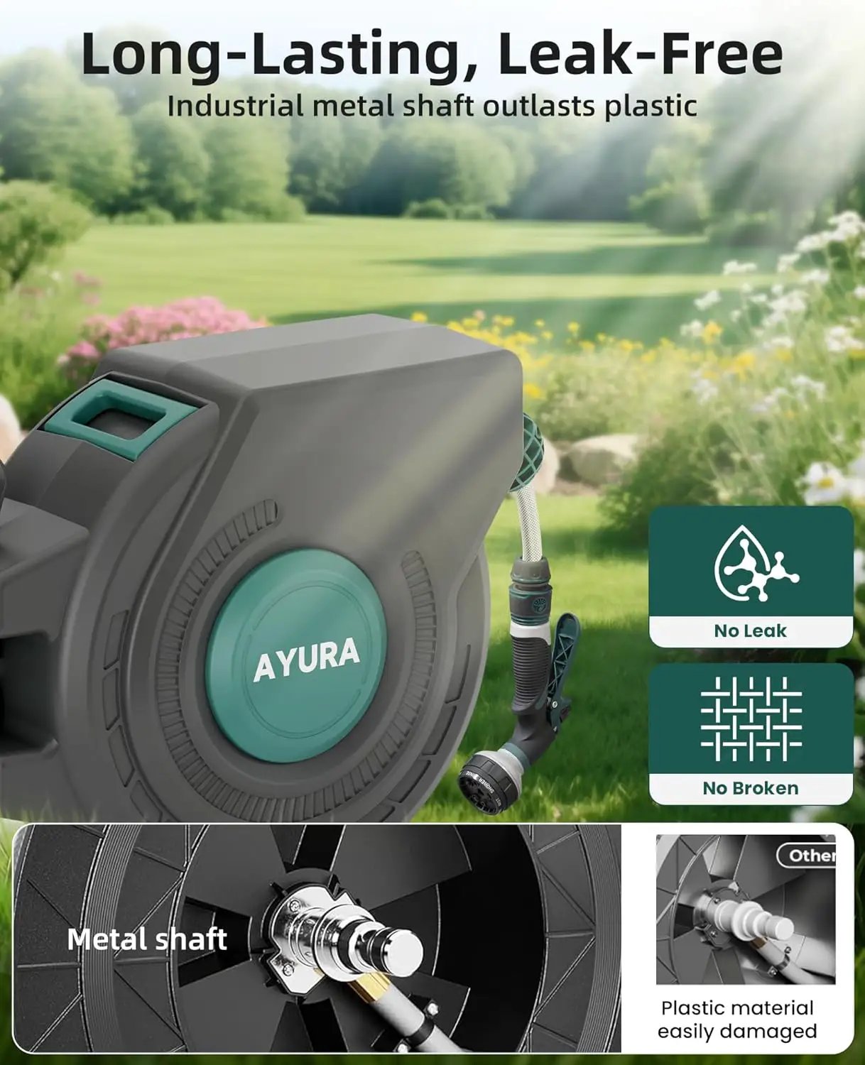 AYURA Retractable Garden Hose Reel 100 ft x 1/2 inch with Pro Metal Shaft, Heavy Duty Automatic Garden Hose Reels with Kink-Free Rewind and Lock at Any Length, Wall Mount Water Hose Reel for Outside by GreenHaven Gardens