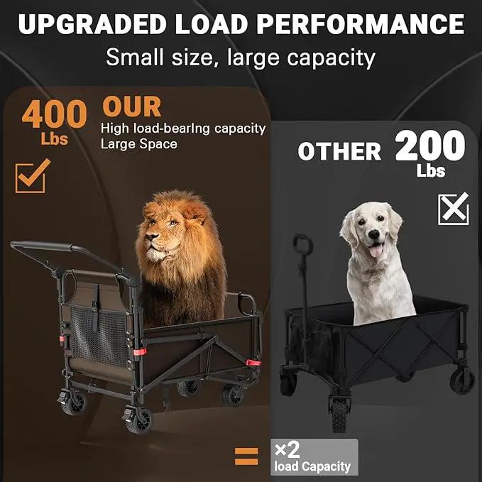 LEVELEVE Heavy Duty Folding Wagon - 2-in-1 Collapsible Cart, 400lb Capacity, All-Terrain Wheels w/Brakes & Side Pockets (Brown) by GreenHaven Gardens