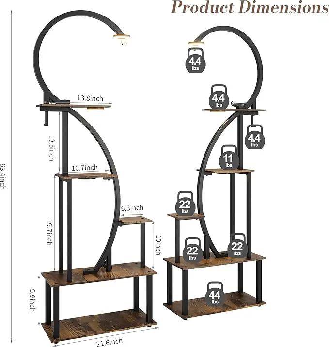 Indoor Plant Stand with Grow Lights, Half-Heart Shape Metal Shelf with Multiple Wood Boards and Hooks for Hanging & Potted Plants, Tall LED Display Rack for Living Room, Balcony Décor by GreenHaven Gardens